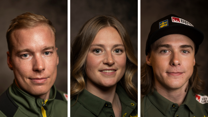 Alpinåkarna Kristoffer Jakobsen, Hanna Aronsson Elfman och Fabian Ax Swartz. 