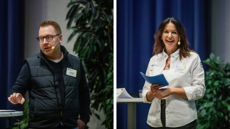 Fr.v. distriktsordförande Fredrik Söderlund och t.f. förbundsordförande Maria Krafft Helgesson hälsade alla varmt välkomna. Foto: Bildbyrån.
