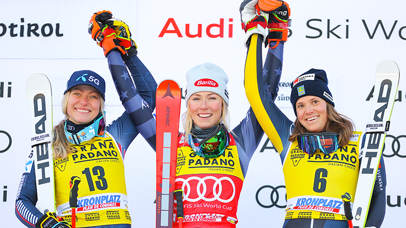 Sara Hector slutade trea i damernas storslalom i världscupen i Kronplatz.