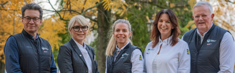 Svenska Skidförbundets styrelse fr.v. Stefan Bessman, Cecilia Norberg, Maria Rydqvist, Maria Helgesson Krafft (ordf.) och Johan Starck. Foto Bildbyrån.