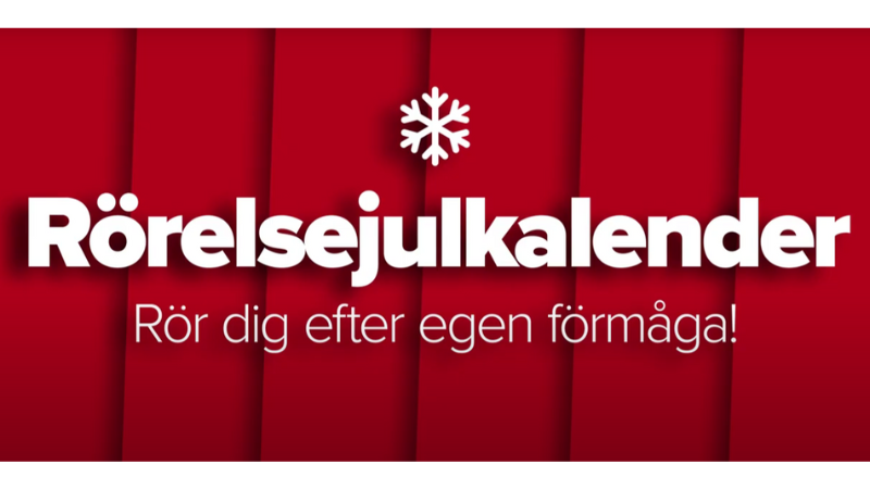 Röd bakgrund med vit text "Rörelsejulkalender"