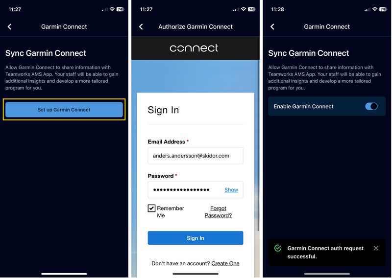 Koppla Garmin Connect till Teamworks AMS via app logga in