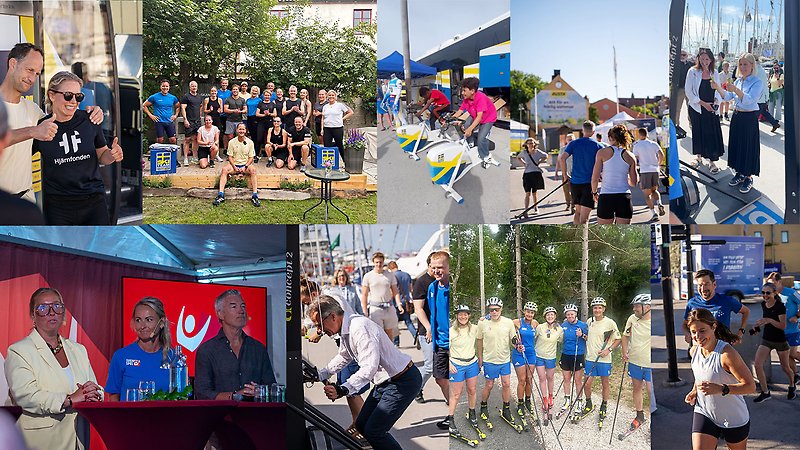 Collage från Almedalsveckan som visar seminarier och aktiviteter kopplade till idrott, folkhälsa och rörelseglädje, inklusive löpning, rullskidor, cykling och möten med deltagare.