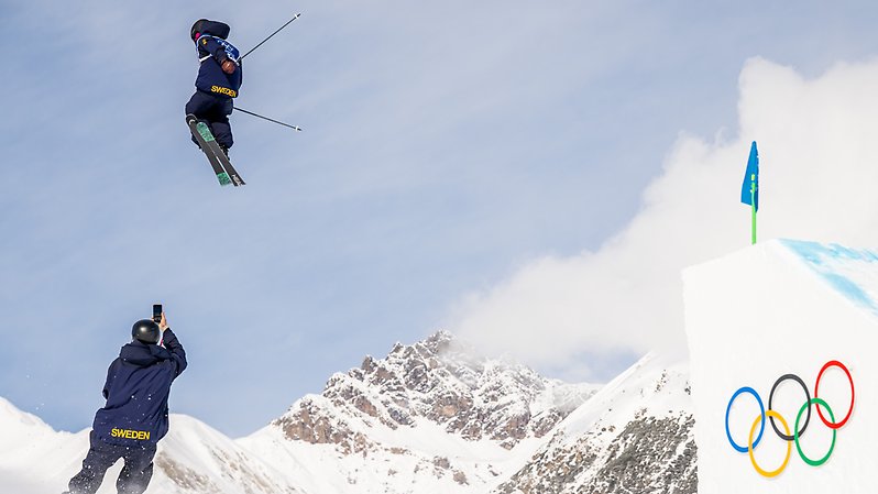 Martin Nordqvist under träning inför slopestylekvalet på OS. Foto: Bildbyrån.