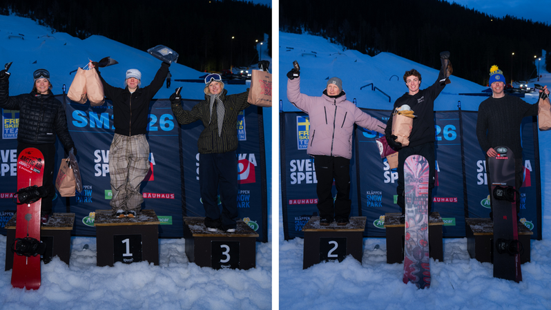 Dam- och herrpallen i seniorklassen på SM i halfpipe. Foto: Daniel Bernstål. 
