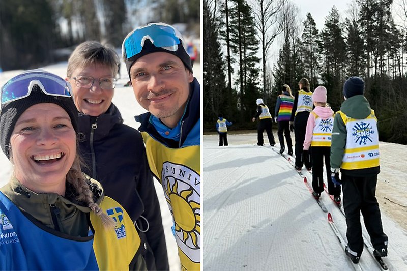 Tre vuxna människor i strålande vinterväder och barn som provar längdskidåkning. Foto: SSF.