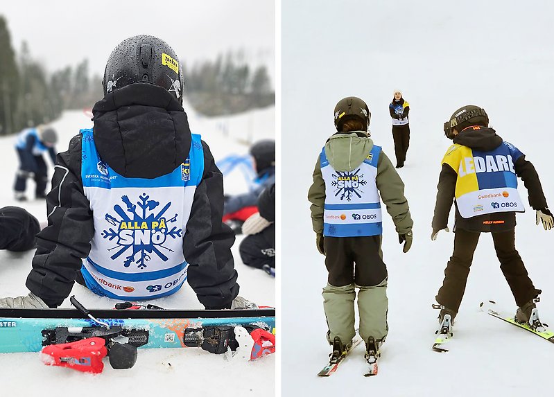Ett barn sitter med ryggen mot kameran, ett par slalomskidor ligger bakom ryggen. Foto: Asby Alpina.