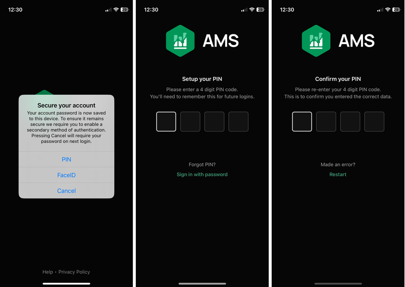 Teamworks AMS app ange pin-kod
