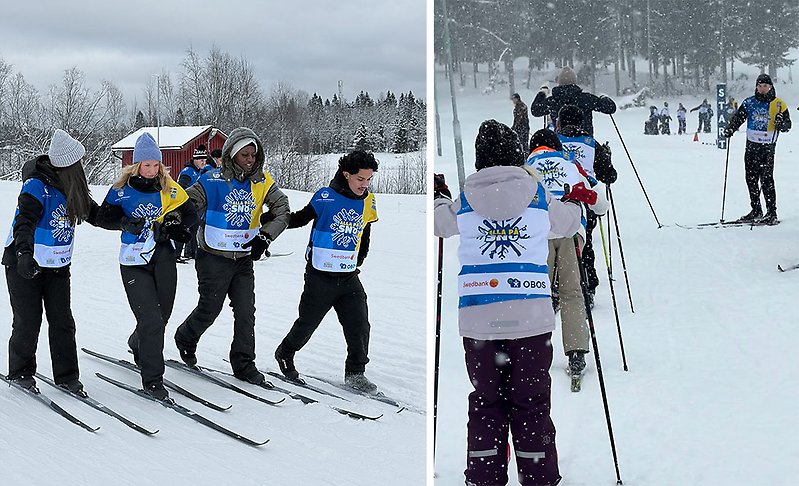fyra Alla på snö-ledare krokar arm och till höger barn på rad som testar längdskidåkning
